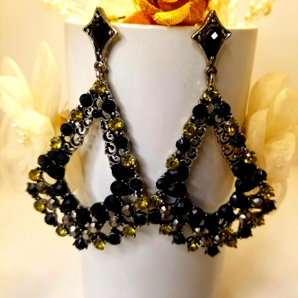 Vintage Ornate Citrine & Onyx Colored Silver Post Earrings